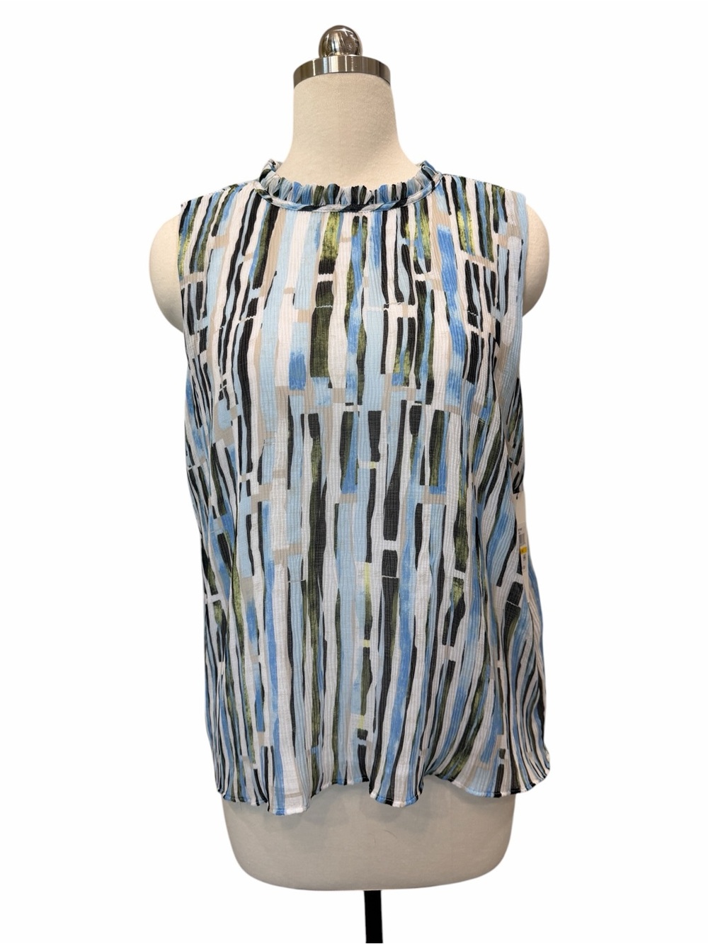 Calvin Klein Abstract Stripe Ruffle Neck Sleeveless Blouse Top Blue Green M NWT - Picture 4 of 15